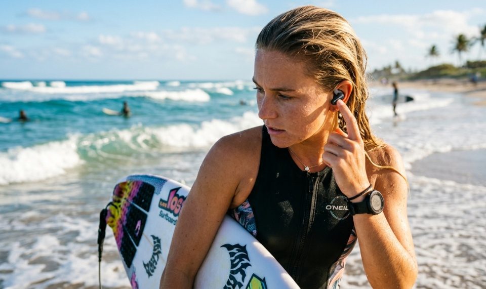 Surfer holding board on sunny Florida beach with ocean waves.