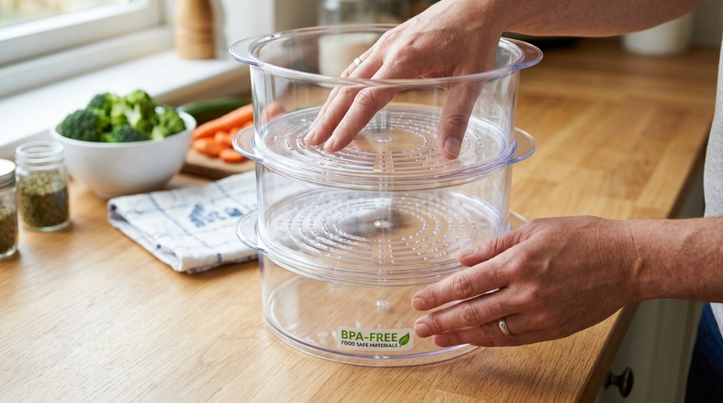 Hands assembling transparent BPA-free food steamer baskets.