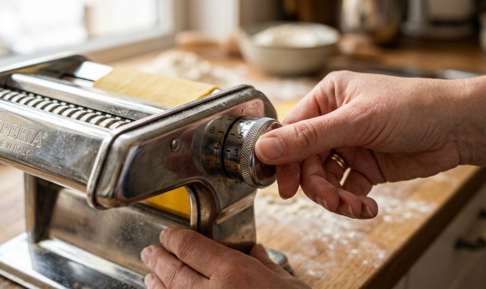Person inspecting a stainless steel manual pasta machine on a kitchen counter.