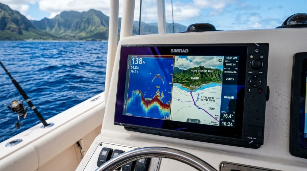 : Angler adjusting a boat sonar display during a sunny fishing trip