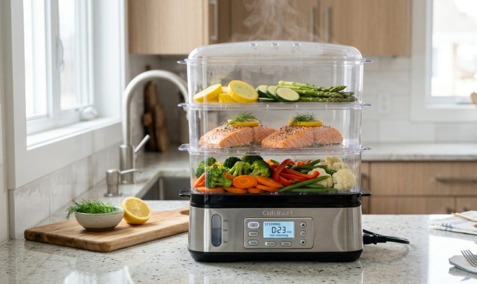 Stainless steel electric steamer with colorful vegetables on a kitchen counter.