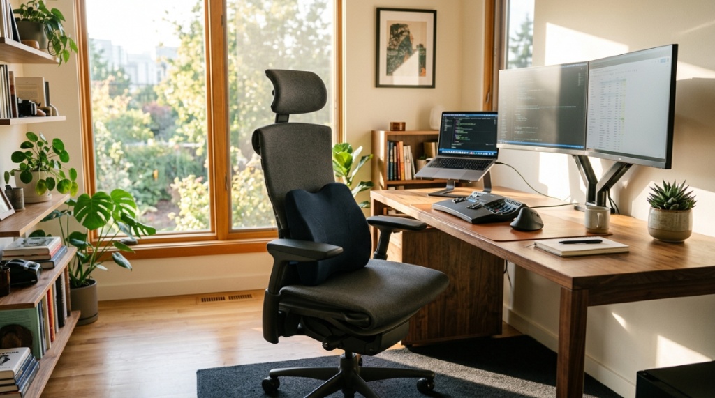 Woman smiling while leaning back against an ergonomic lumbar support cushion at her desk.