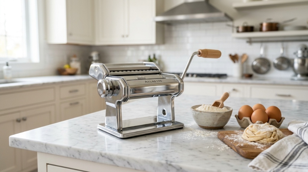 Hands adjusting the thickness knob on a manual pasta machine.