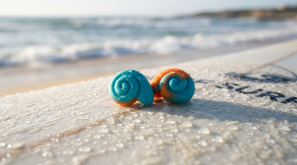Waterproof silicone surf ear plugs resting on a wet surfboard.