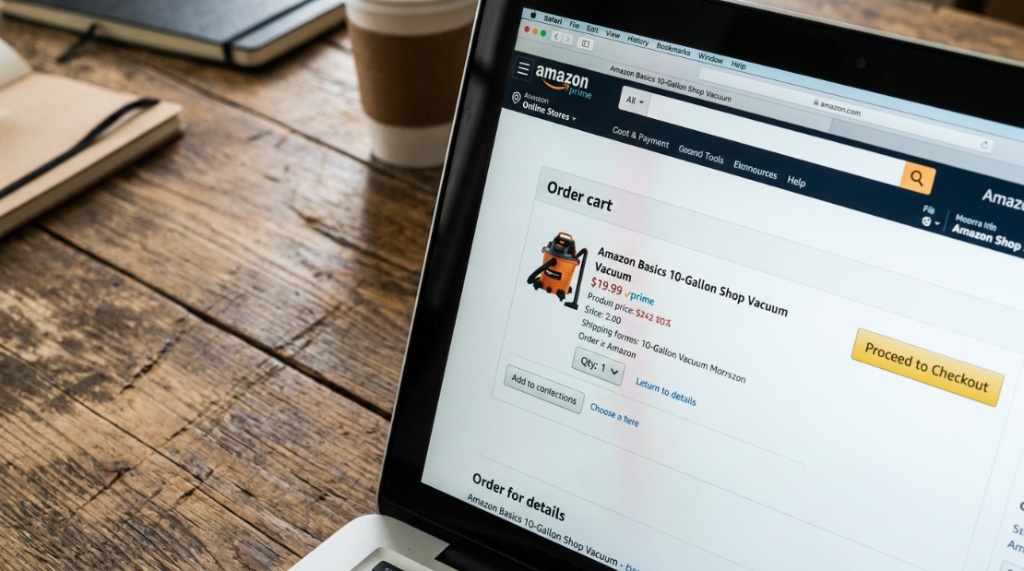 Laptop screen displaying an Amazon Basics shop vacuum online listing.