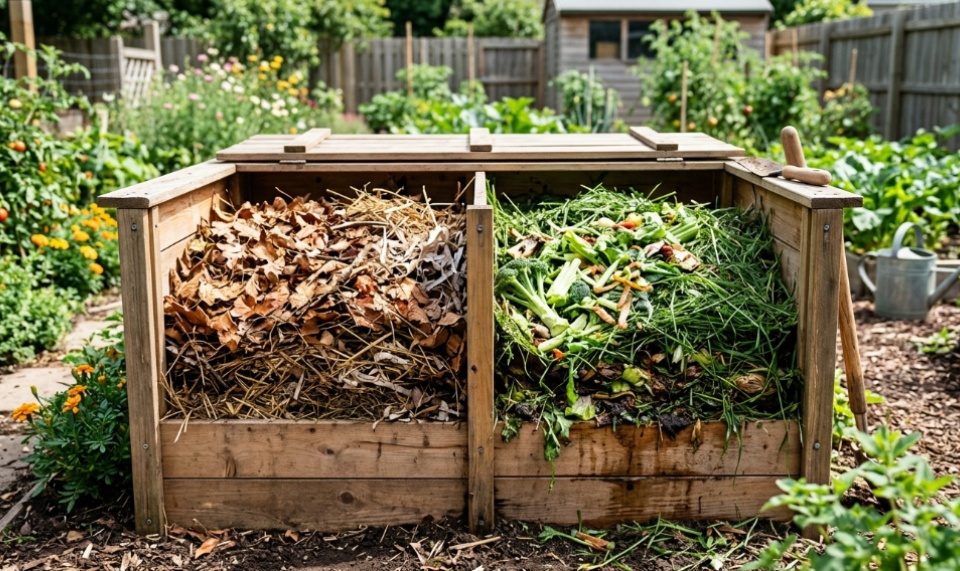 A garden compost bin filled with green grass clippings and brown dry leaves.