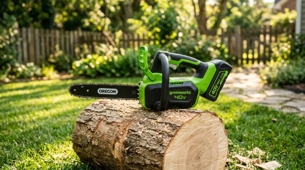 Homeowner trimming tree branches with a cordless handheld chainsaw.