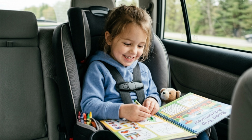 Young child playing travel games in the backseat of a car.