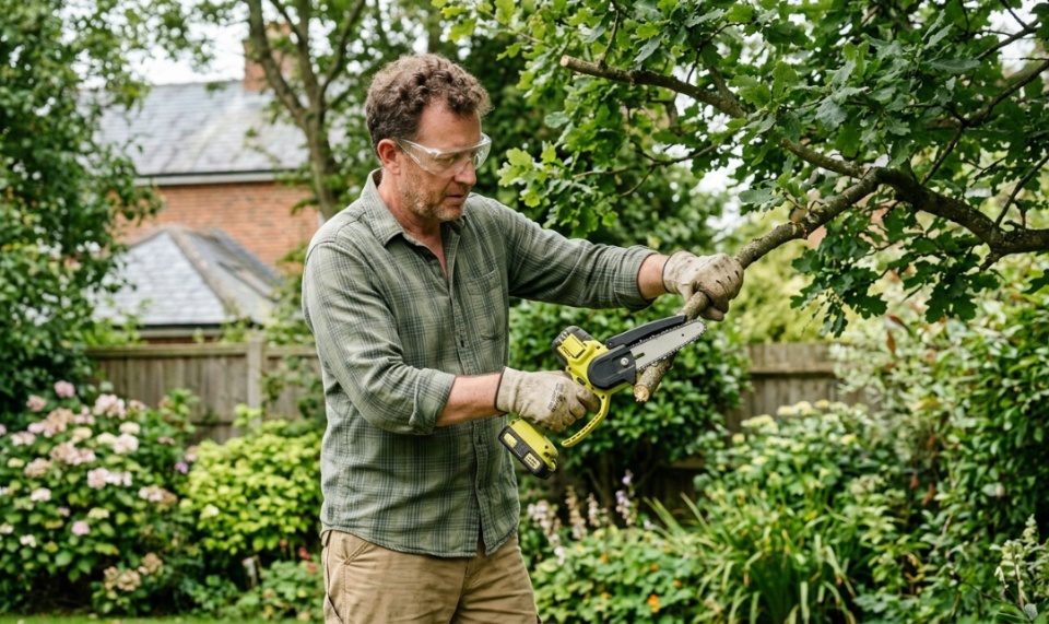 Compact battery-powered handheld chainsaw resting on a log outdoors.