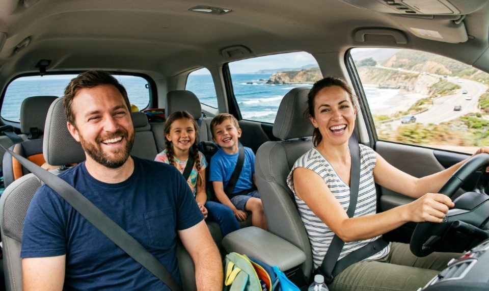 Smiling children looking out a car window on a scenic California road trip.