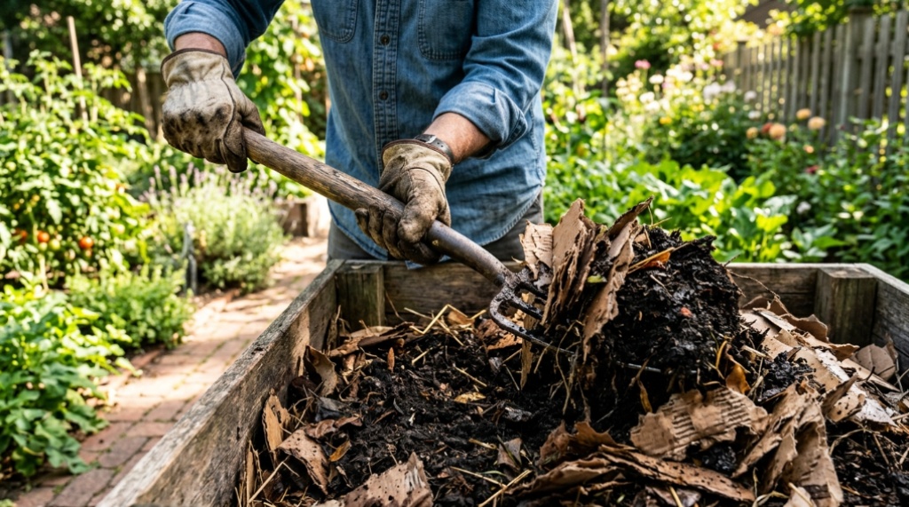 Gardener mixing brown carbon materials into a backyard compost pile.