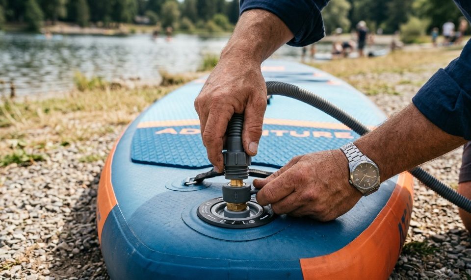 Person unrolling an inflatable paddle board on grassy ground near water.