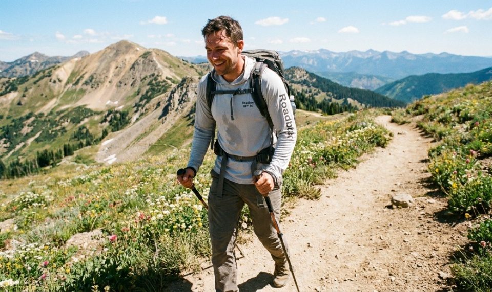 Man hiking on a sunny trail wearing a protective sun shirt.